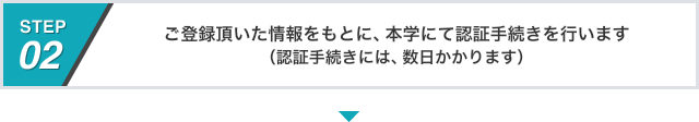 STEP02 ご登録頂いた情報をもとに、本学にて認証手続きを行います（認証手続きには、数日かかります）